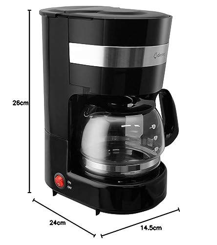 Dretec CM-101 Fully Automatic Drip Coffee Maker, Single-Serve, Small, 4-Cup Capacity, 0.65L, Two-Level Strength Adjustment, Glass Server, Black