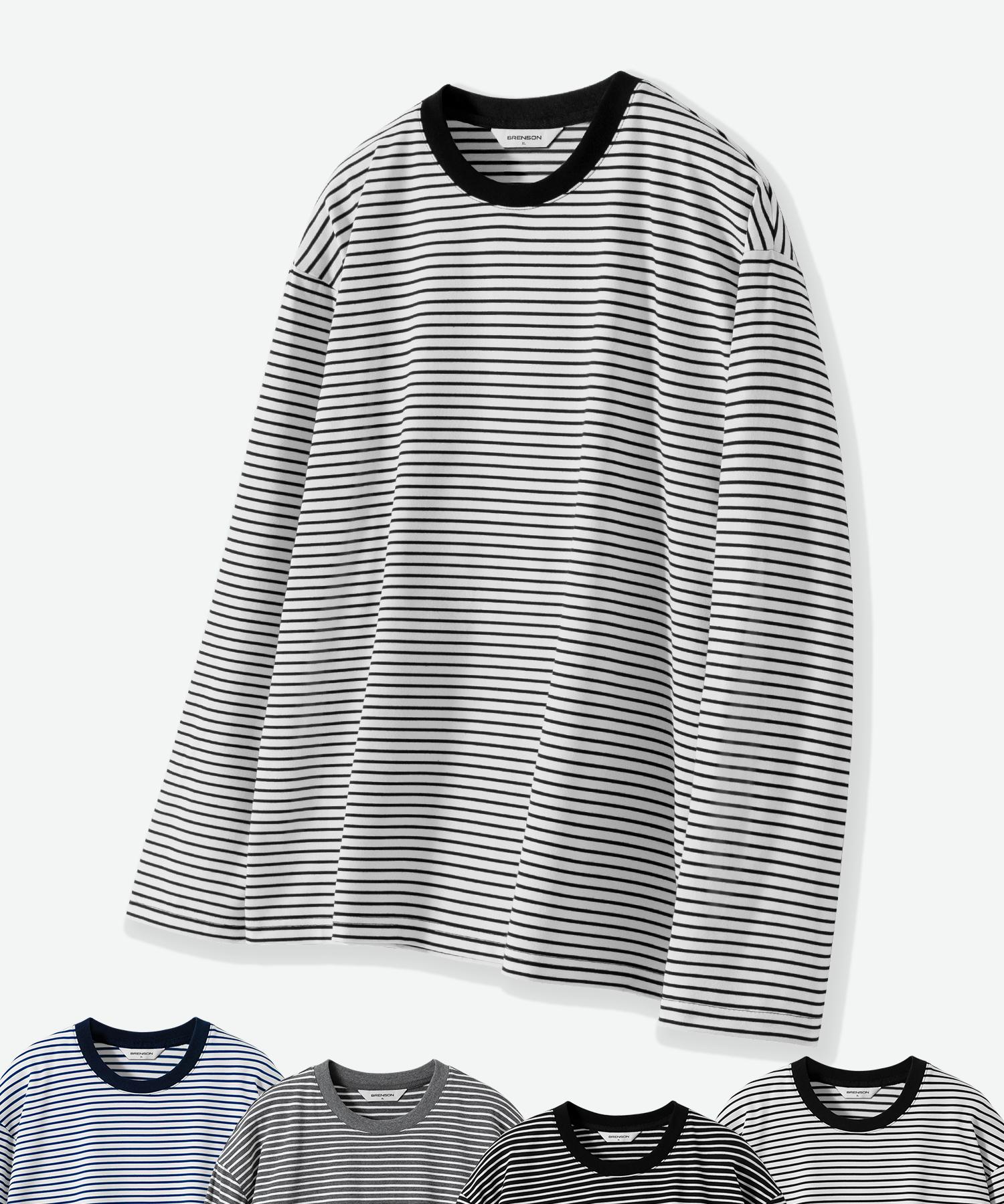Brenson Loose Fit Striped Long Sleeve Tee ( 4 Colors ) White+Navy/L
