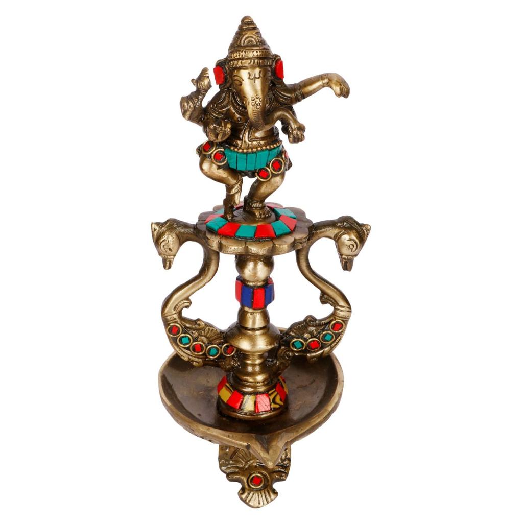 Pure Brass Dancing Ganesha Diya Oil Lamp Idol, Ganesh On Swan Showpiece -8 Inch