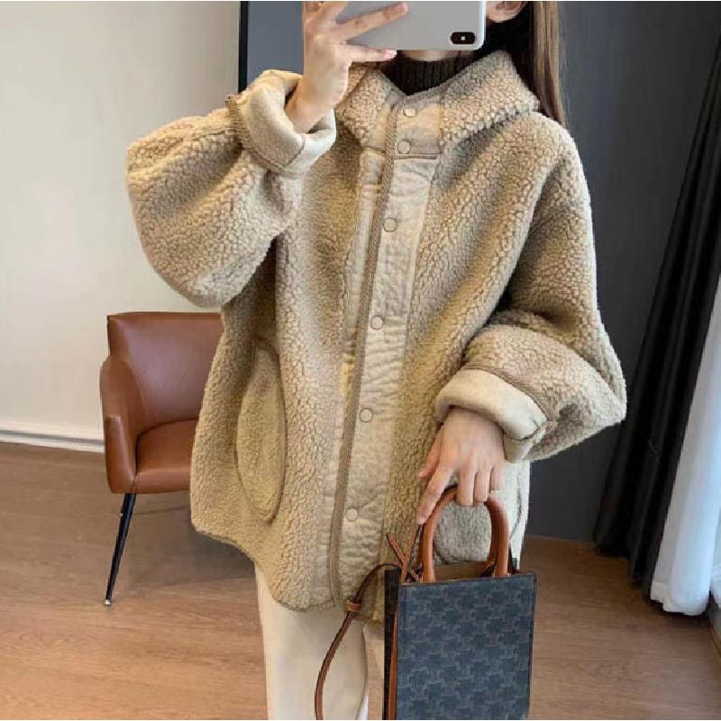 Imitation Lamb Wool Hooded Coat For Women Fall Winter Coat Button New Korean Style Small Loose Slimming And All-Matching Top