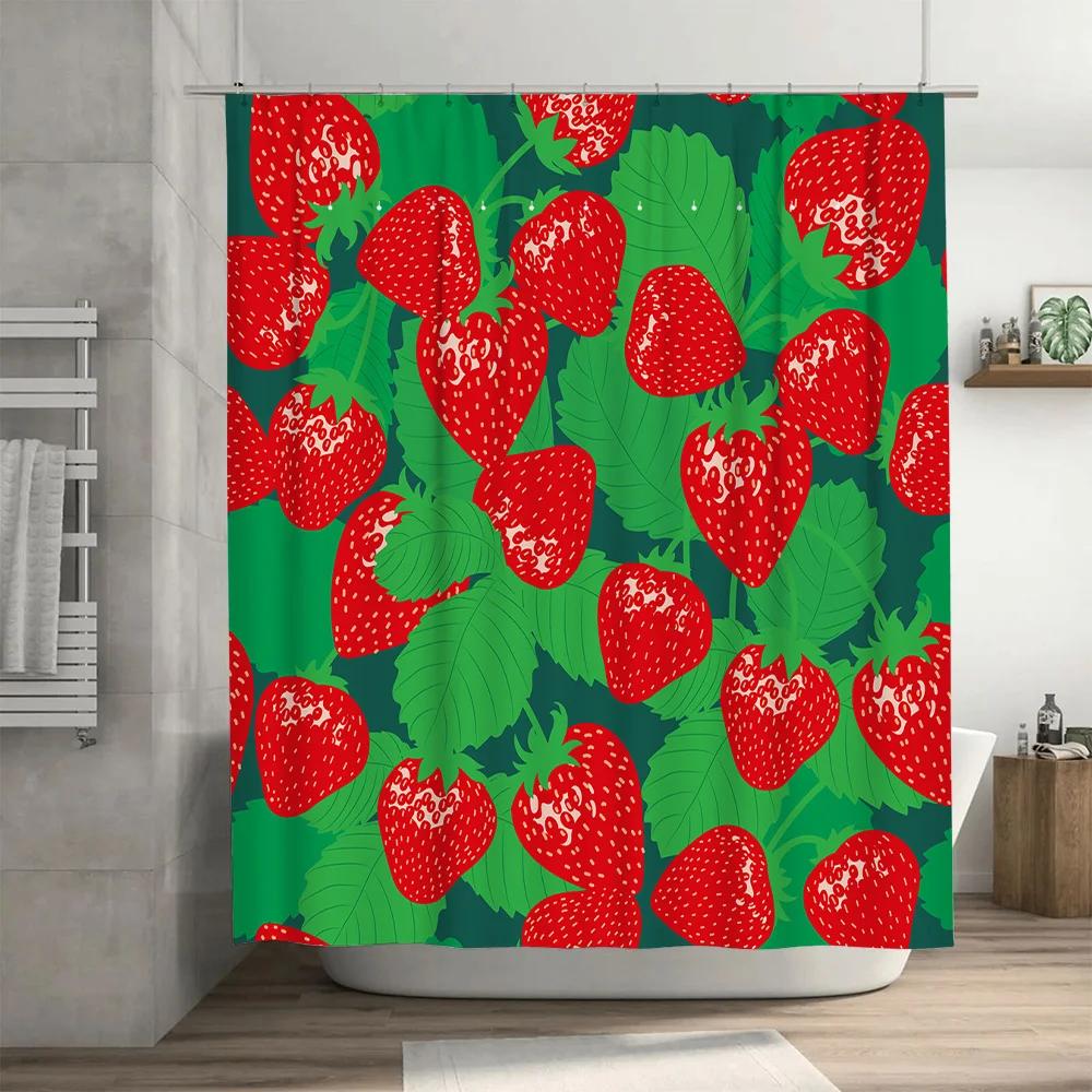 Strawberry Shower Curtain with Green Leaves Decorative Fabric Printed for Bathroom Hanging Decoration