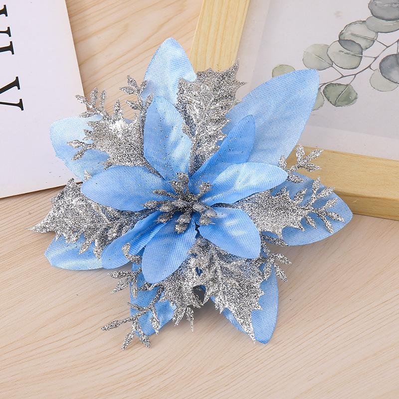 10PCS Poinsettia Christmas Flowers Decoration Artificial Glitter Christmas Tree Ornaments Xmas Party Wreath DIY Garland Decor