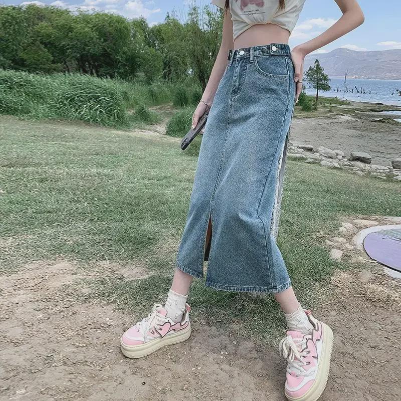2024 High-Waist Split Denim Skirt: Women's Medium-Length A-Line for Spring, Summer, and Autumn