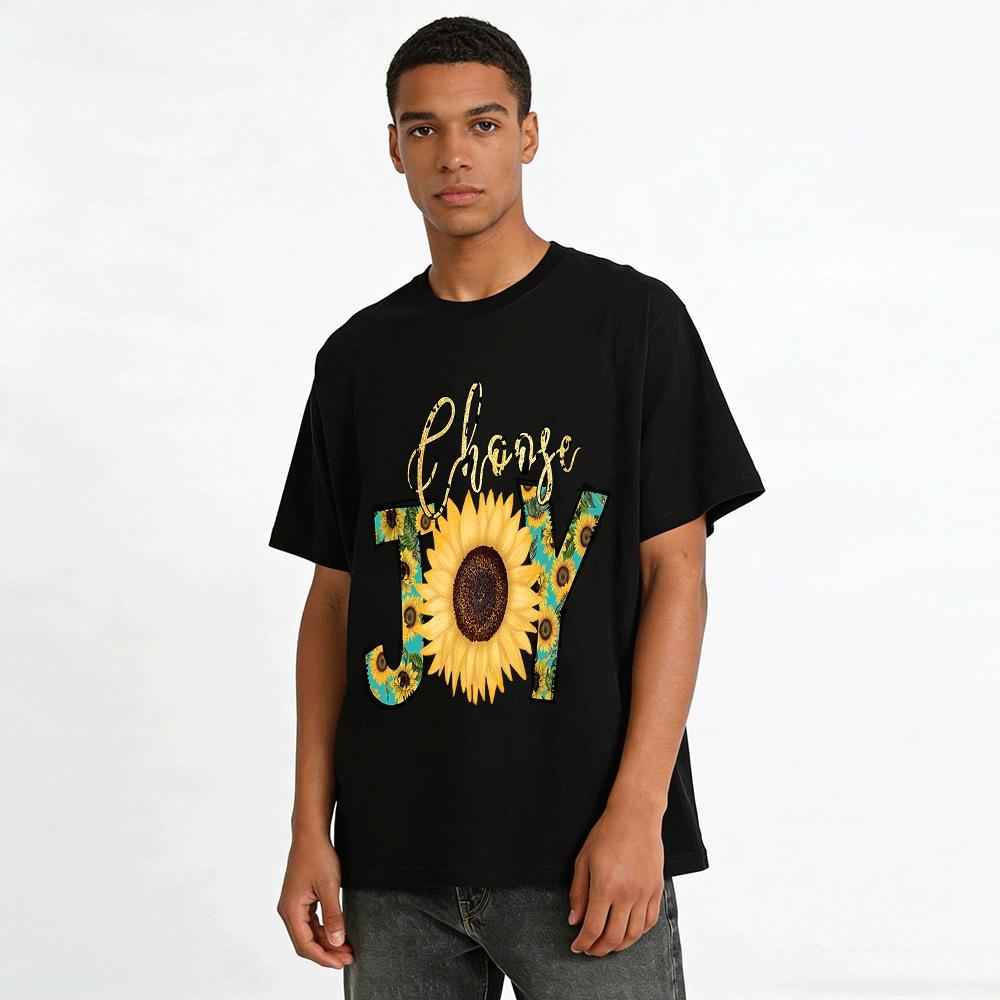 Wähle Freude Sonnenblumen-Print Lässiges Alltags-T-Shirt mit Rundhalsausschnitt Reines Baumwoll-T-Shirt