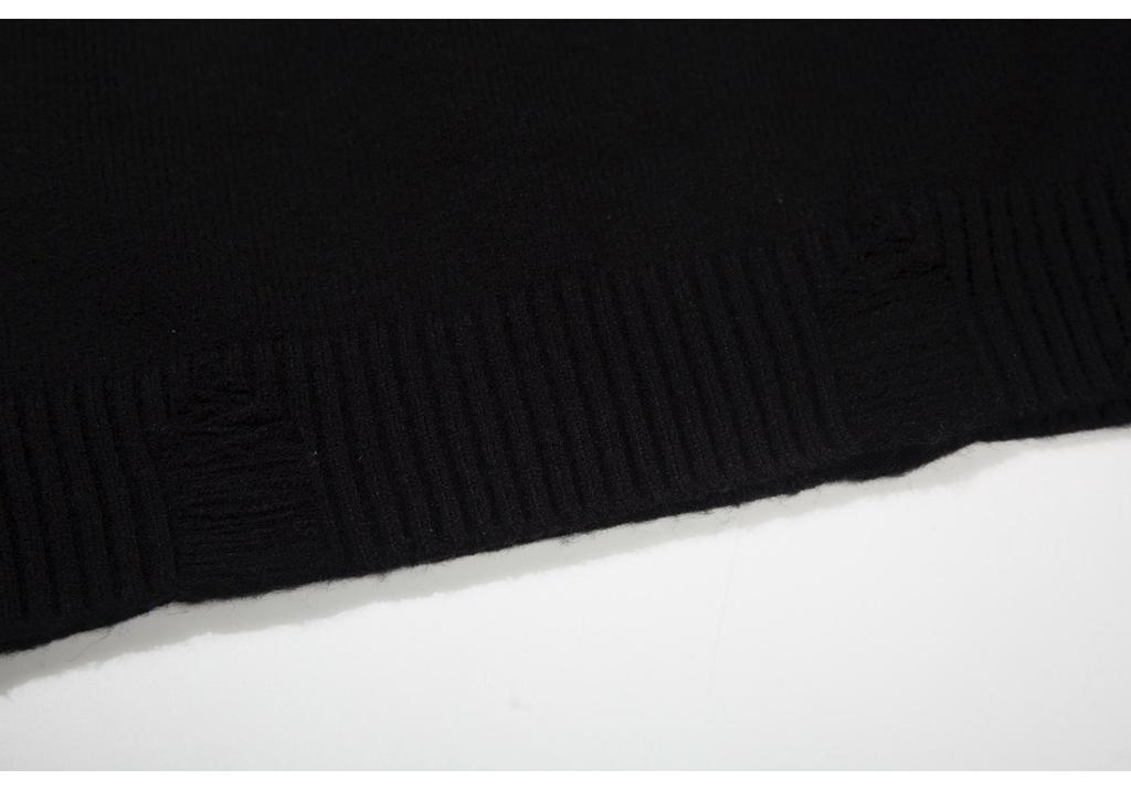 Knit Jacquard Letter Distressed Hem Hooded Sweater - Korean Style Two-Piece Look