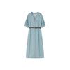 Demana Denim Cloud Cotton Round Neck Belted Dress