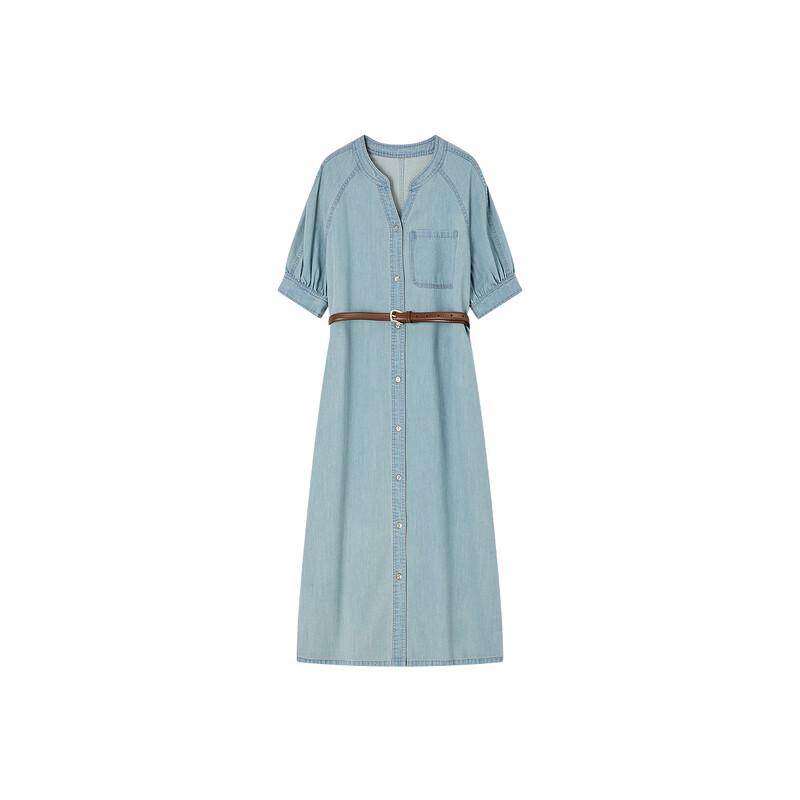 Demana Denim Cloud Cotton Round Neck Belted Dress