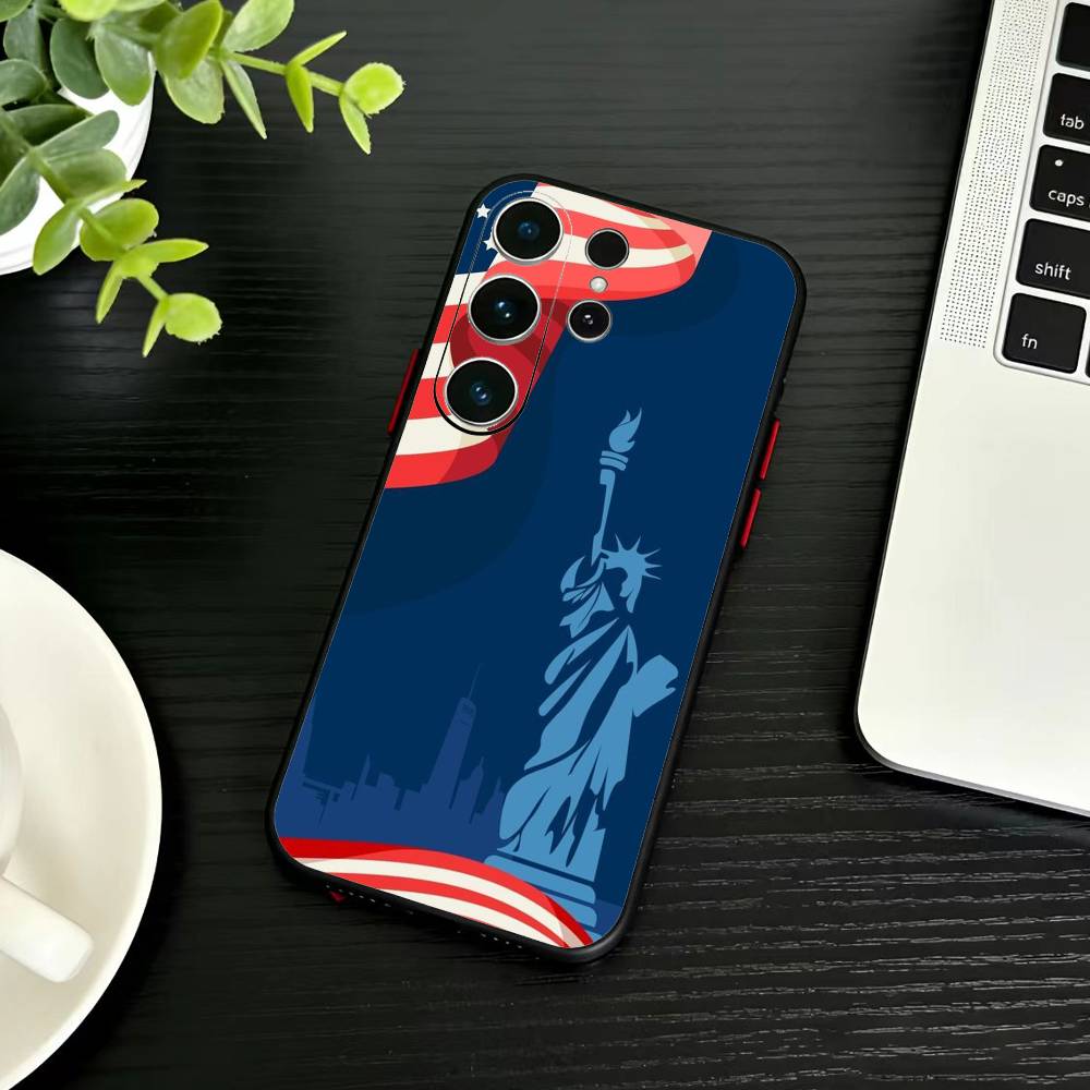 Statue Liberty America USA Flag Phone Case For Samsung S26,S25,S24,S23,S22,S21,S20,Ultra,Plus,FE Black Soft Cover