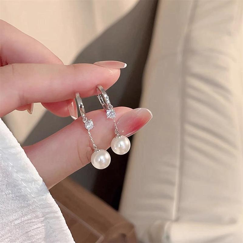 Silver Plated Alloy Pearl Dangle Earrings With Sparkling Cubic Zirconia Gift For Women For Wedding Date Party Daily Wear
