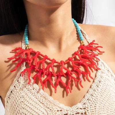 Collier avec pendentif corail acrylique exagéré, accessoires bohèmes en perles turquoise pour femmes