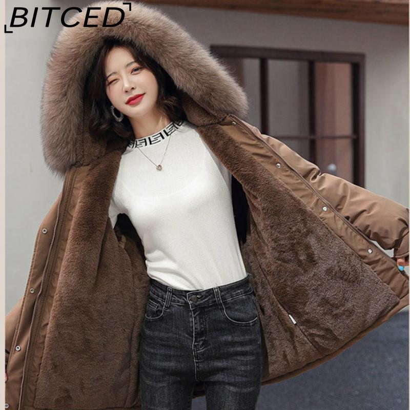 BITCED Women's Mid-Length Drawstring Cotton Coat with Fleece Lining Loose-Fit Puffer Jacket with Down-Fill Cotton Padding Winter Outerwear