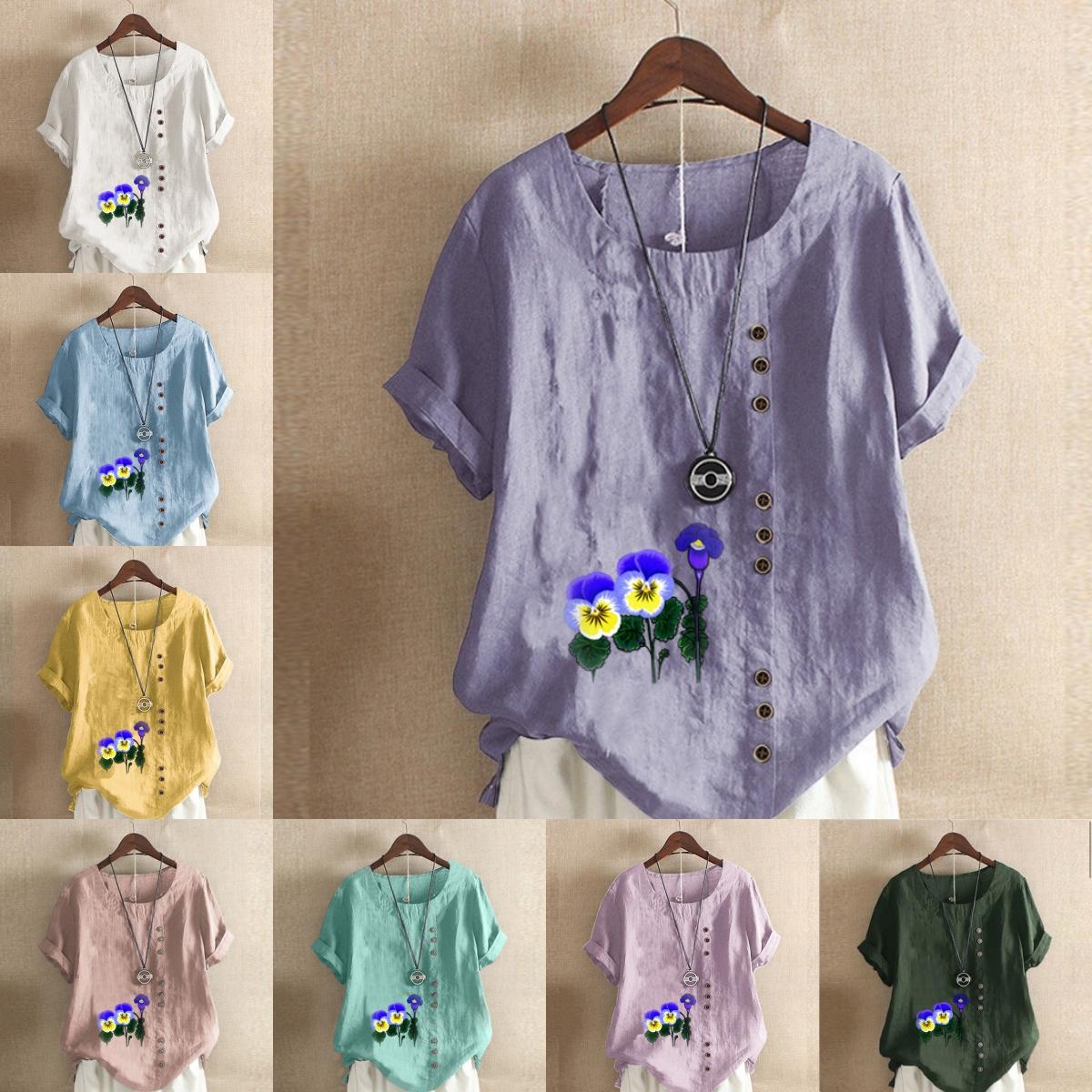 

Жіноча модна футболка з круглим вирізом і короткими рукавами, повсякденна бавовняна лляна сорочка з графічним малюнком, відпочинок, вільні квіти, літні блузки з принтами S рожевий