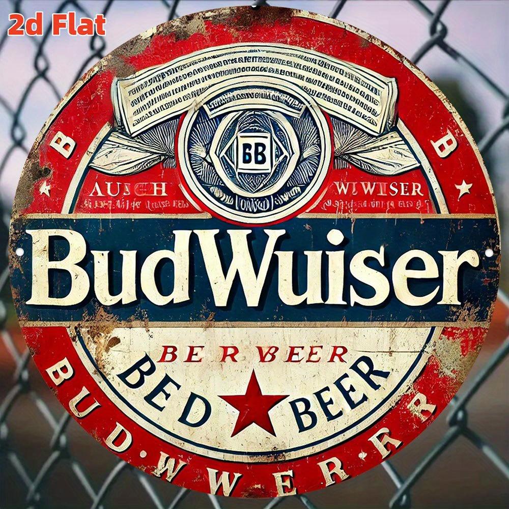 D Flat BudWuiser Bed Beer Retro Round Metal Tin Sign Vintage Beer Themed Wall Decor Distressed Red Blue Bar Art for Man 20x20cm(8x8inch)