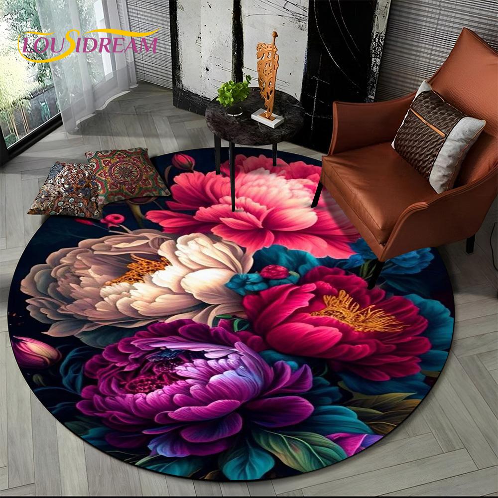 3D Dream Flower Rose Daisy Nordic Round Carpet Rug for Living Room Bedroom Child Playroom Chair Decor,Pet Area Rug Non-slip Mat