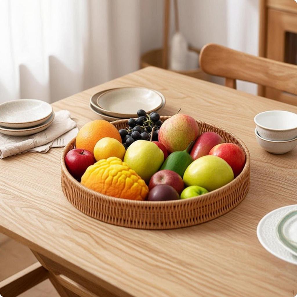 Woven Tray Handmade Rattan Shallow Basket for Home Decor, Dining Table, Kitchen Lx091