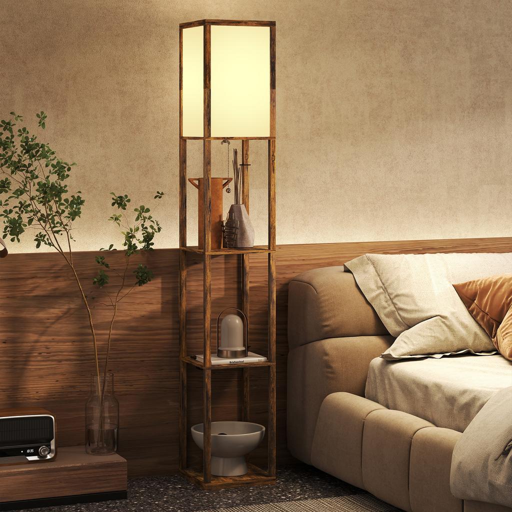 Floor Lamp with Shelves, 4 Layer Standing Lamp with USB Ports, 3 Colour Temperature, Rustic Brown