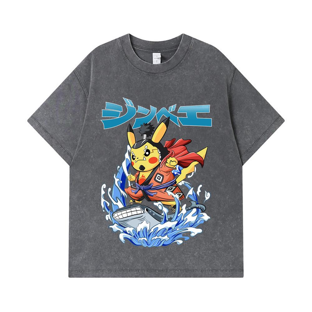 275 GSM Washed T-shirts 100% Cotton Pokemon V11 Jimbei Pikachu Print Unisex Heavy Cotton T Shirt