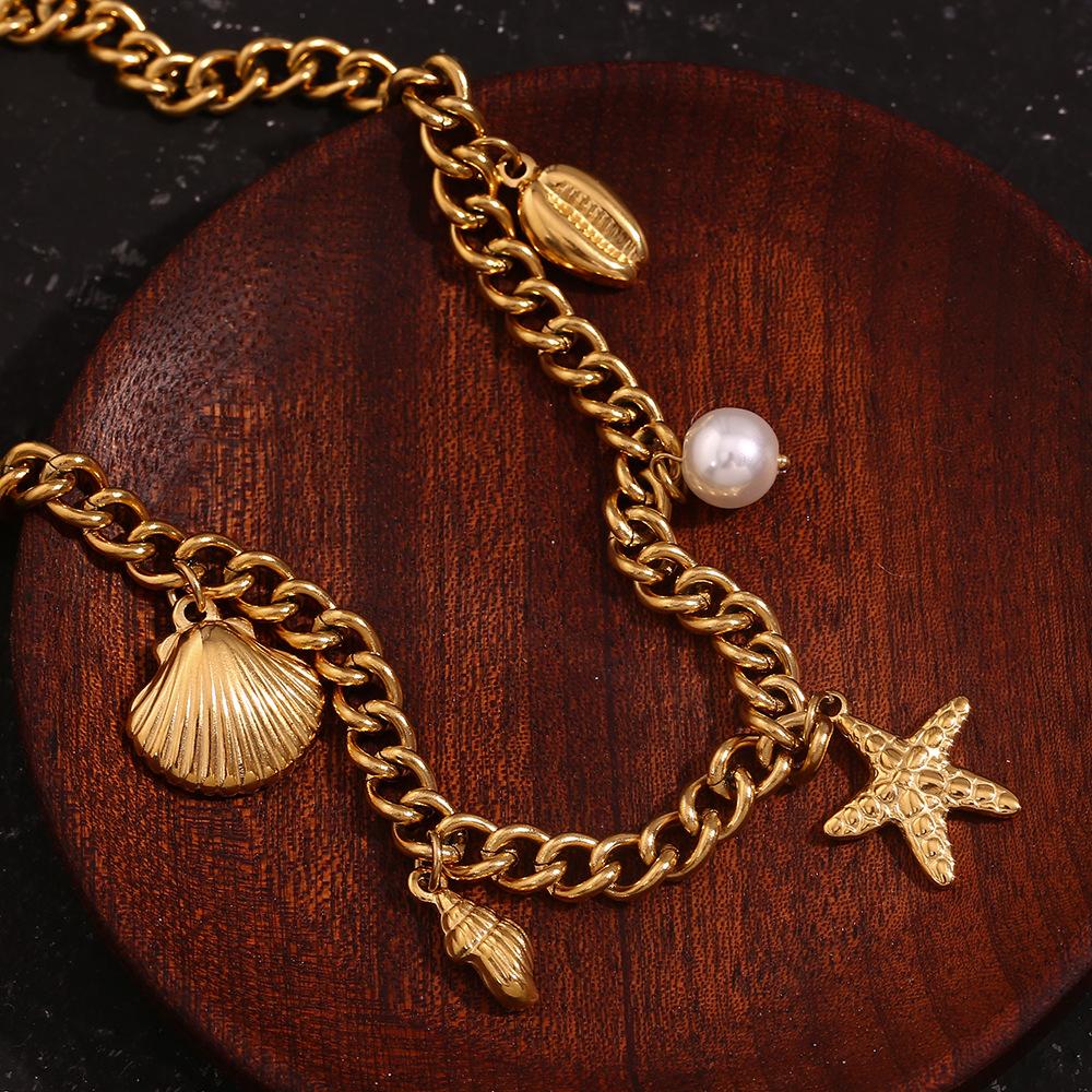 Fashionable and Retro Explosive Pendant Stainless Steel Plated with 18K Gold Ocean Style Pendant Side Chain Necklace for Women