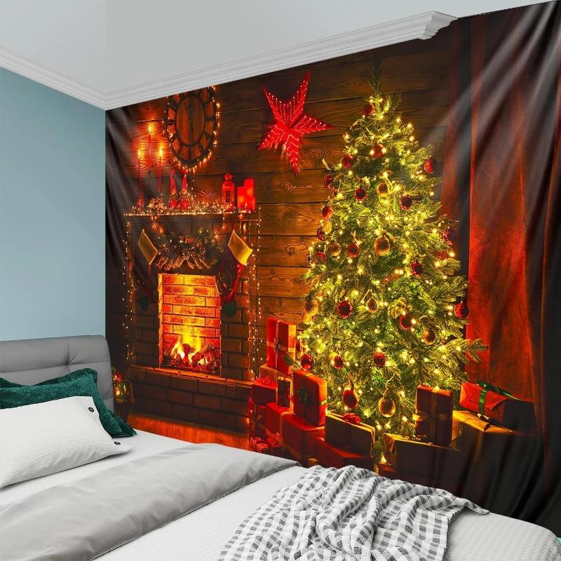 Tapeçaria de Parede Estampada Árvore de Natal e Lareira Decoração Estética Gótica Halloween Sala de Estar Decoração Perfeita para Festa Ch