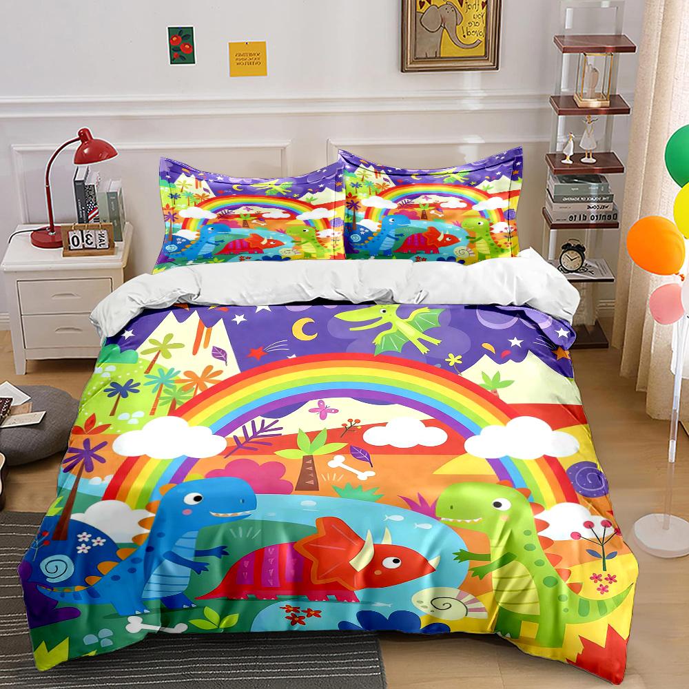 Cartoon Dinosaur World and Rainbow Pattern Duvet Cover Set Digital Print Colorful Polyester Bedding with Zipper Closur