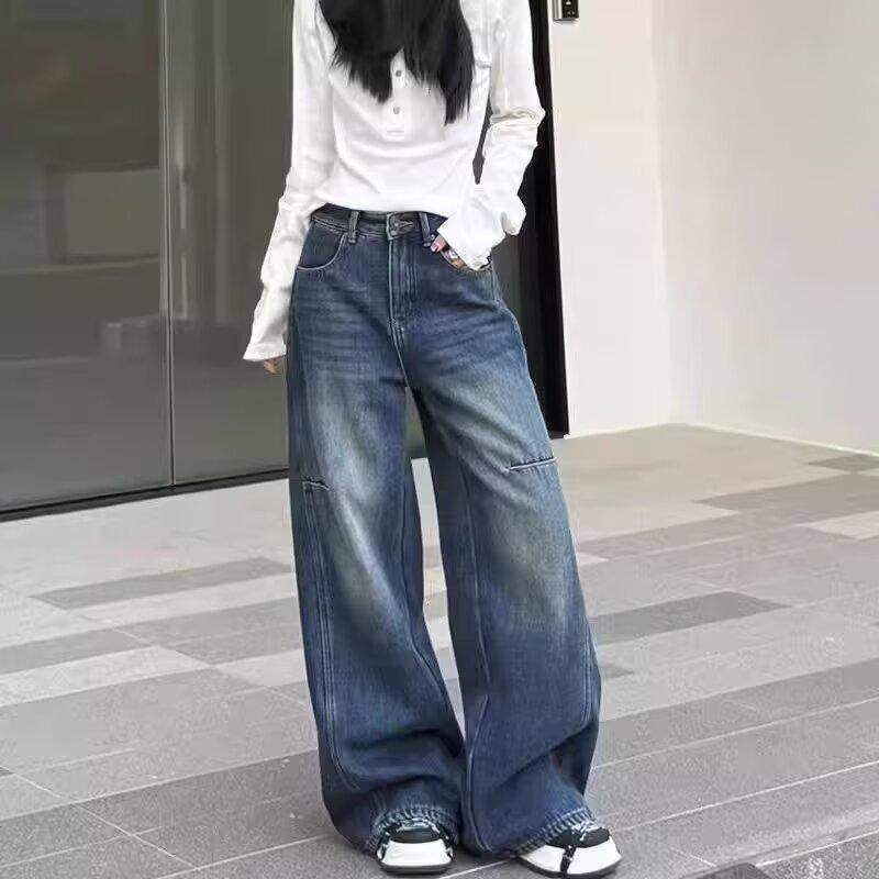2026 Spring High-Waisted American Retro Wide-Leg Pants - Women s Niche Design High Street Jeans L синий