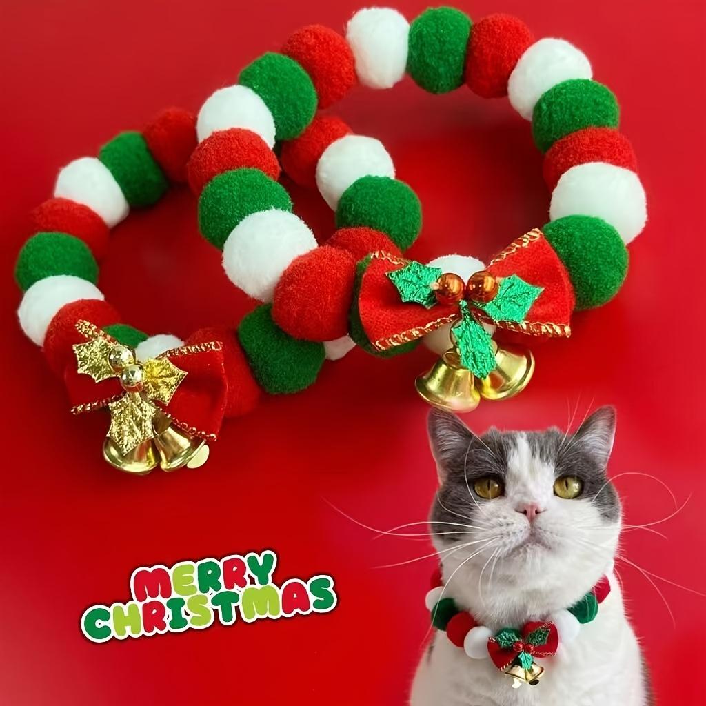 Christmas Pet Collar with Bell & Bow, Red Green White Plush Ball Design, Festive Holiday Accessory for Cats & Small Dogs