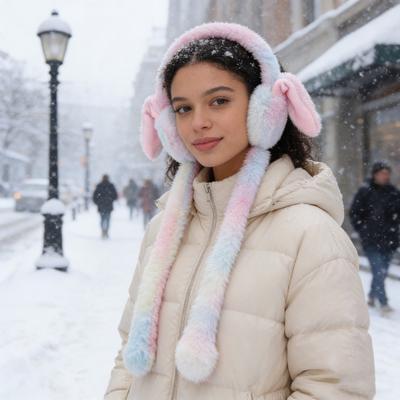 Women's Winter Earwarmer Cute Plush Earmuffs with Moving Jumping Rabbit Ears Gradient Color Ear Covers Headband for Women Girls