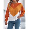 Autumn/Winter Casual Colour-Blocked Cable-Knit Bell-Sleeve Women's Pullover