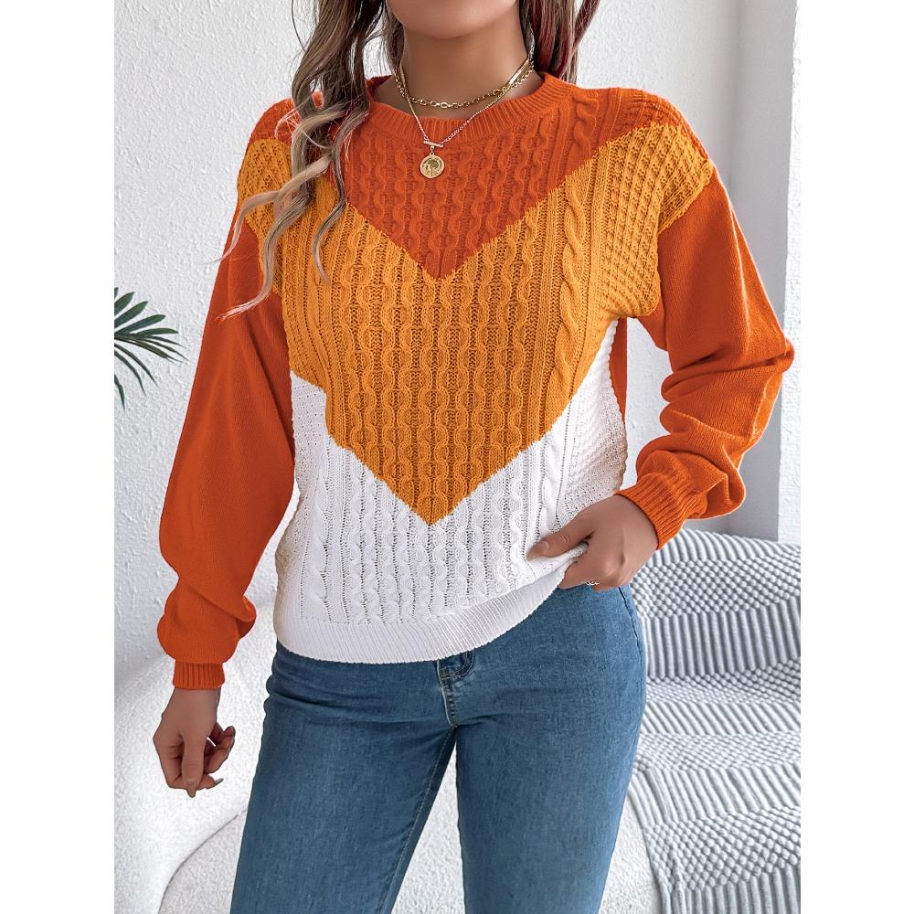 Autumn/Winter Casual Colour-Blocked Cable-Knit Bell-Sleeve Women's Pullover