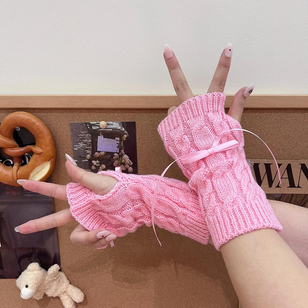 Korean Knitted Gloves Women's Bow Hand Warmer Winter Gloves Fashion Black Pink Knitted Thicken Mitten Fingerless Mittens