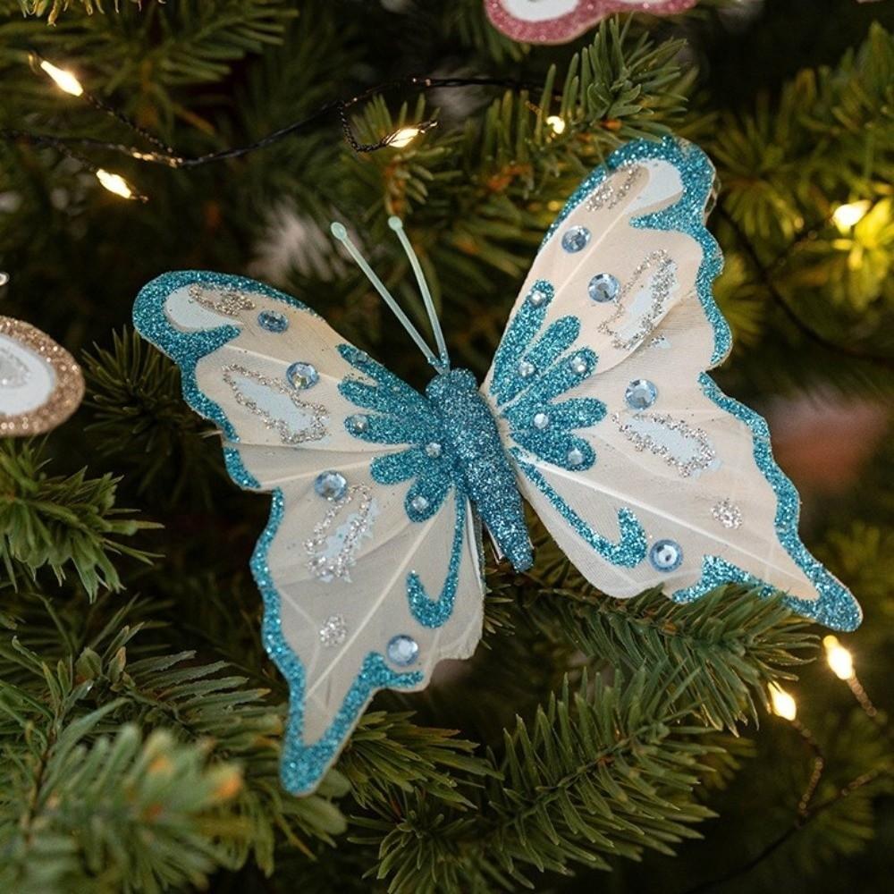 With Clip Christmas Tree Hanging Decor Glitter Simulation Butterfly Decoration  Xmas Tree Decor
