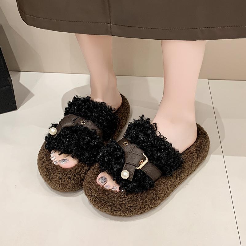 Retro Plüschdesign flauschige Hausschuhe Damen Oberbekleidung 2025 neu Herbst und Winter dicke Sohle erhöhend Gürtelschnalle Baumwollhausschuhe