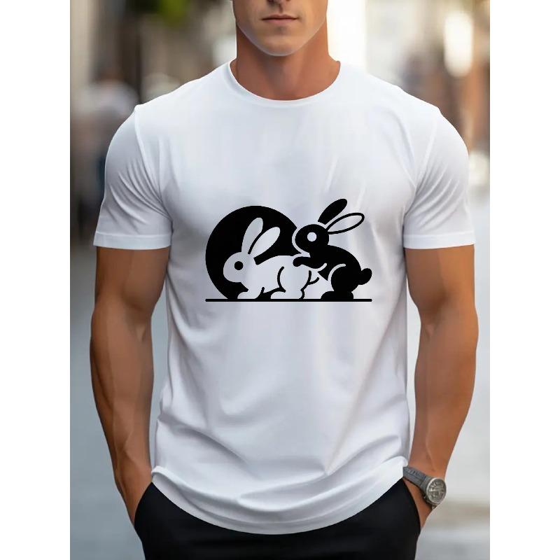 

European sizes Men S Casual Crew Neck T-Shirt with Black Rabbit Silhouette Graphic - Soft, Breathable Summer Tee for Casual Attire, 4XL білий