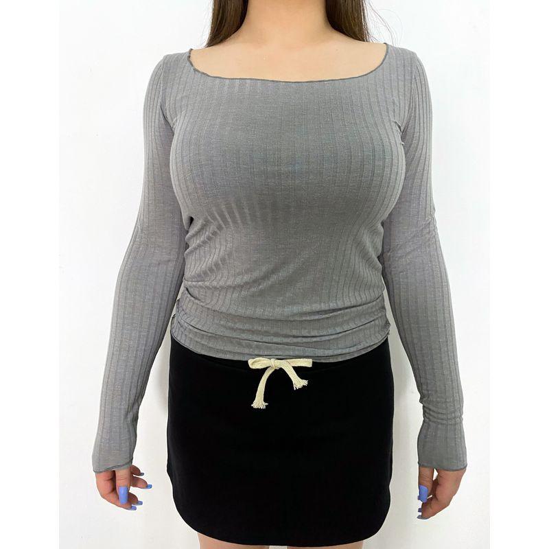 

Miss Biggie European and American Plus size Slimming Versatile Slim fit Rib Knitted off-Neck Long sleeve Bottoming Shirt T-shirt Gray XL