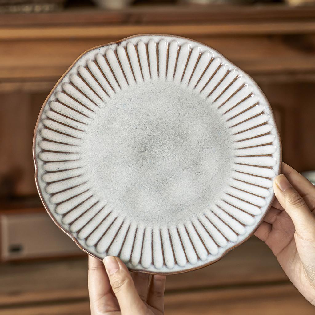 Gestreifter Spezialförmiger Teller, Retro-Geschirr, Pastateller, Keramikteller, Haushalt Japanischer Geschirrteller, Dessertteller, Restaurantteller
