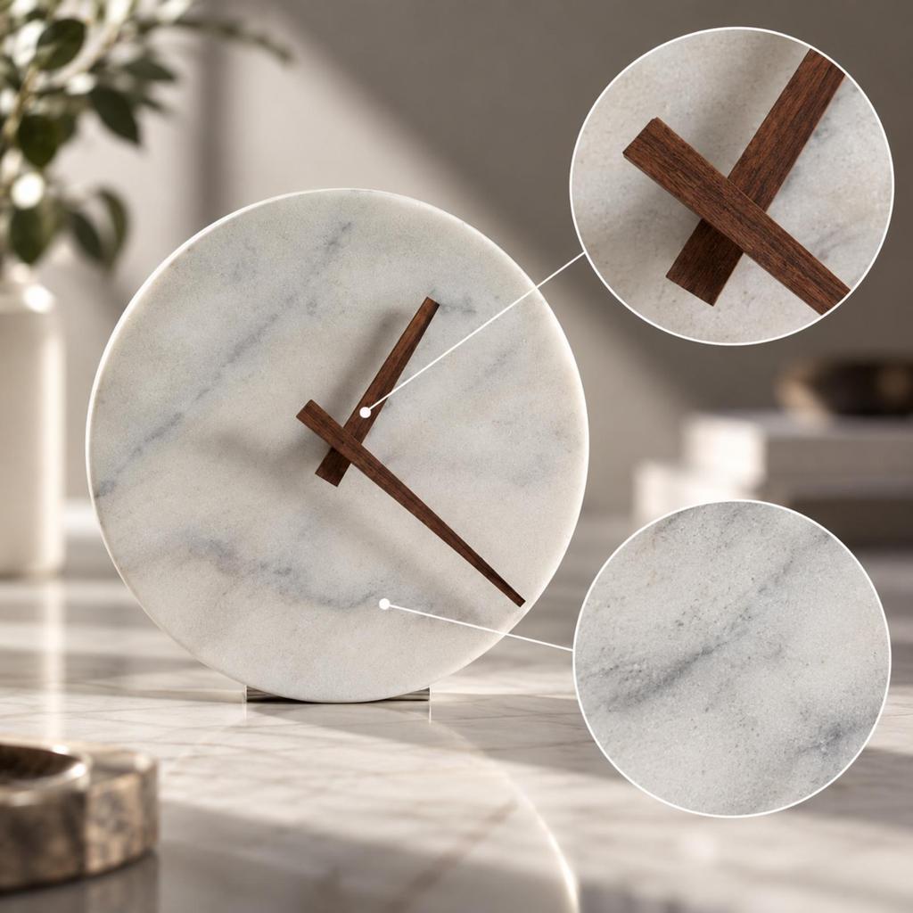 Decorative Table Clock Compact Round Marble Face Small Timepiece for