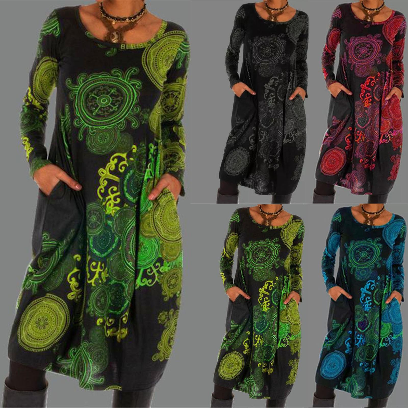 

Women Boho Print Color Block Shirt Round Neckline Long Sleeve Pocket Dress