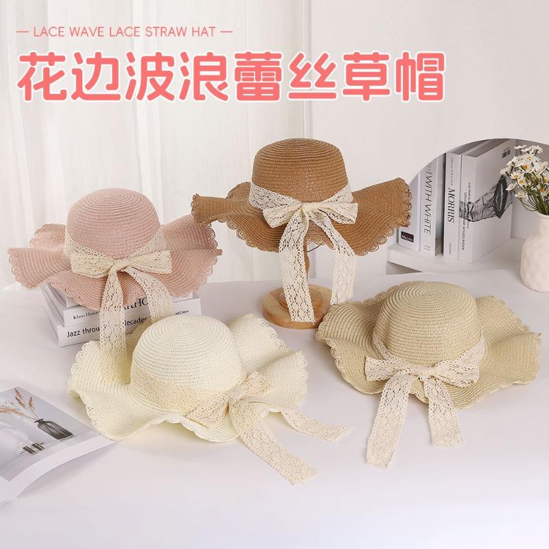 Lace bow lace straw hat fresh sunscreen sun hat women's outdoor travel show face small sun hat