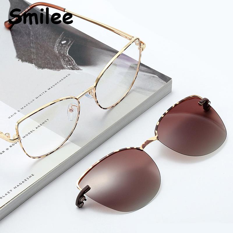 Magnet Clip On Sunglasses Fashion Anti Blue Light Eyewear Women Luxury Brand Metal Oval Frame 2 In 1 Eyeglasses