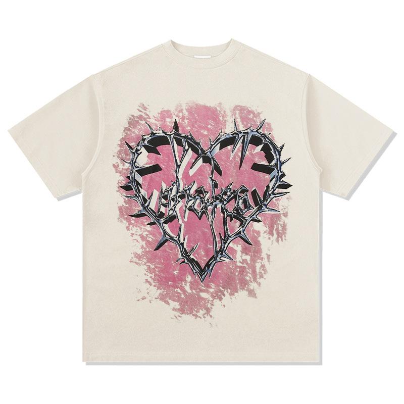 Washed Retro High Street Thorns Small Heavy Vintage Printed Short-Sleeved T-Shirt Retro Neckline Love Bottoming Shirt Cotton