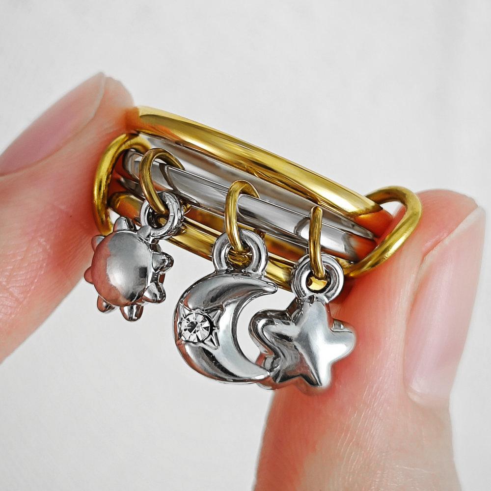 

Набіркільця з підвісками-зіркою, сонцем, місяцем, багатошарові, для жінок, чоловіків, золотистого кольору, нержавіюча сталь, кільце-стек, обручальні прикраси 13