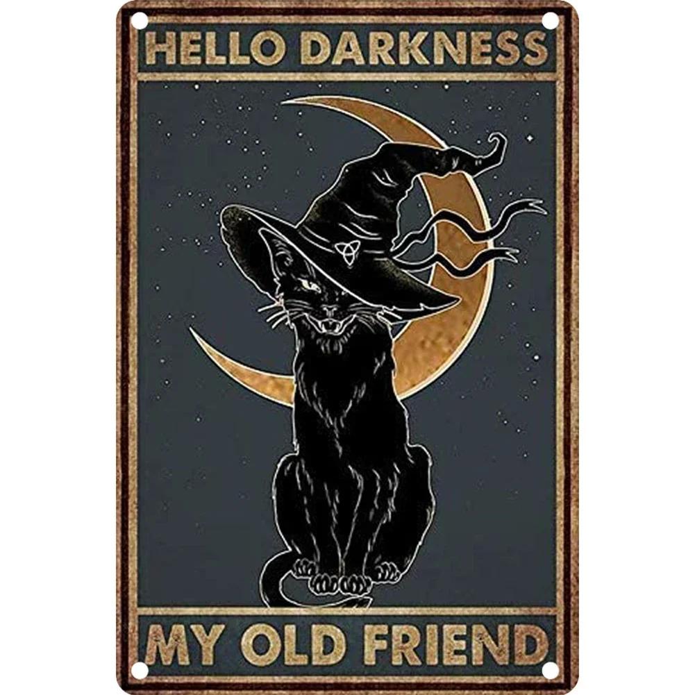

Vintage Metal Signs with Cute Cat Decor Tin Signs Funny with “hello darkness,my old friend” Quote, Metal Wall Art for Bedroom 20x30cm（7.8x11.8inch）