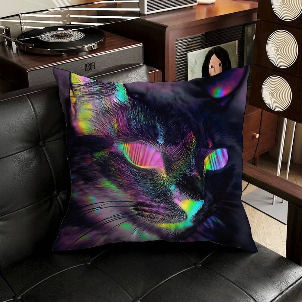 Cute Funny Rainbow Alien Cat Pillow Case Square DoubleSided Printing Short Plush Sofa Cushion Cover Bedroom Bedside Pillow