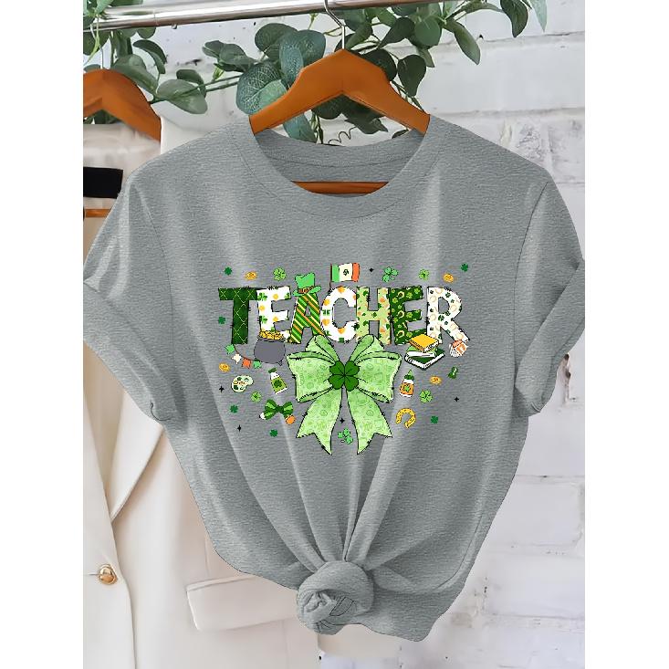 [One-way direction]Ladies TEACHER Letter-printed Fashion Retro-style Short Sleeves Spring and Summer Irish Culture St. Patrick's Day Versatile Items