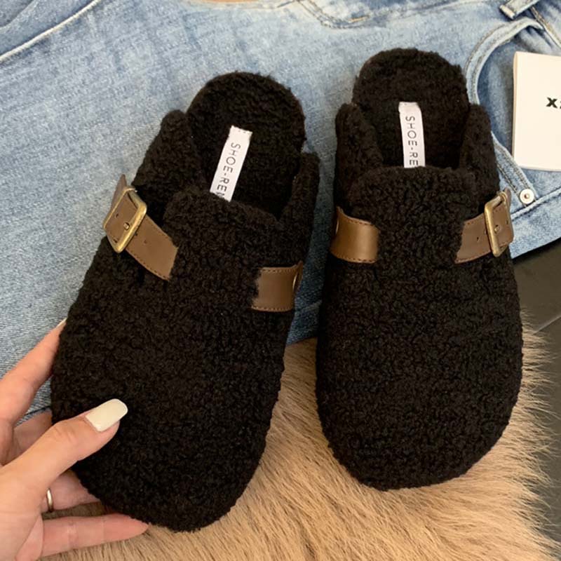 Mode Mode Schnallenriemen Damen Pantoletten Pelz Hausschuhe 2024 Winter Warm Damen Flach mit Pelzschuhen Lässig Outdoor Indoor Weibliche Pantoletten