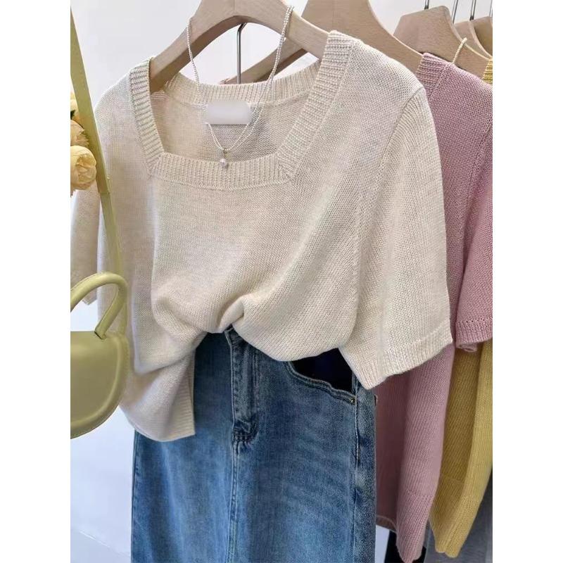 

Womens Solid Color Square Neck Short Sleeve Knit Top S абрикосовый