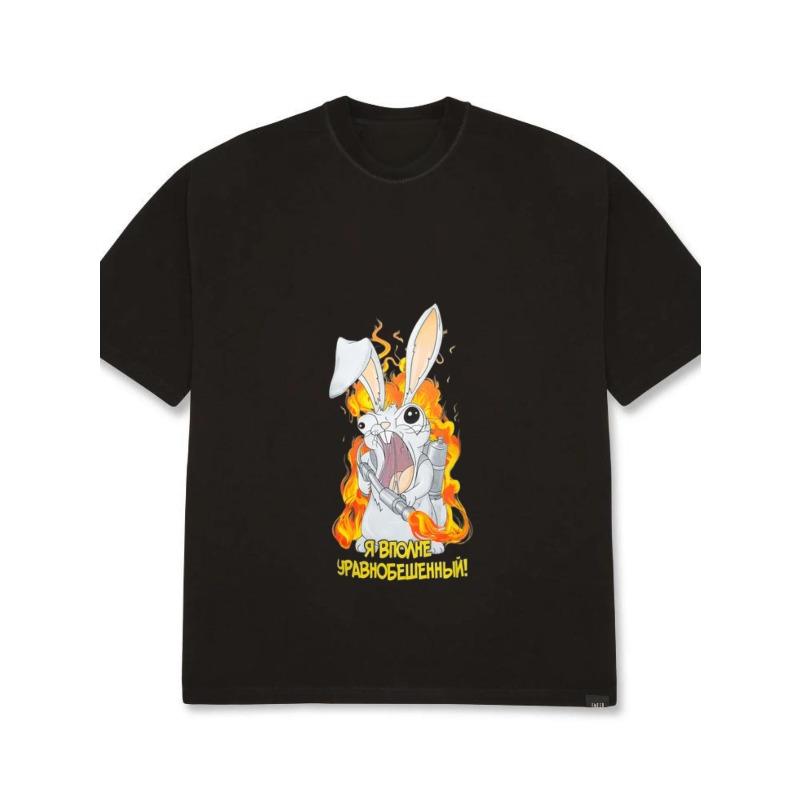 White T-Shirt with Angry Bunny in Flames and Russian Text for Casual Wear