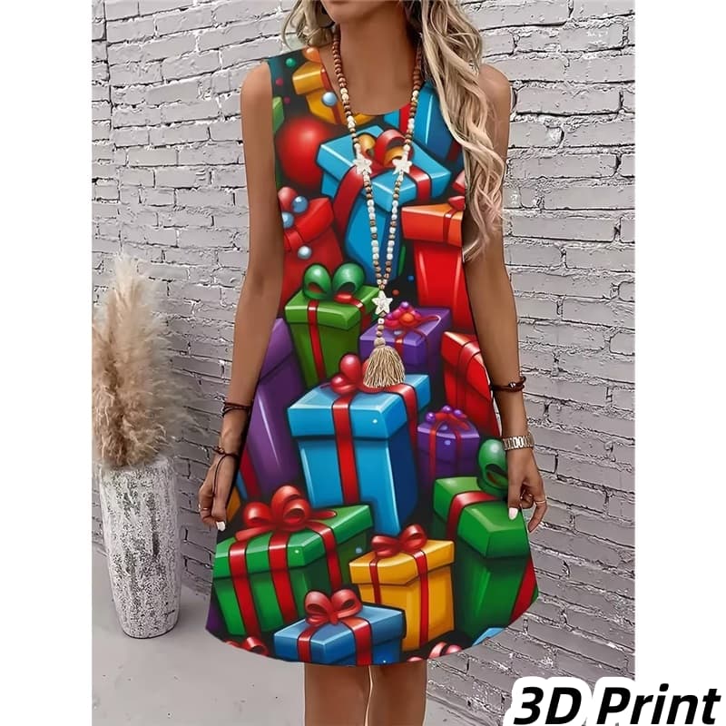 Casual Women Tank Dress Summer Sleeveless O-Neck 3D Print Loose A-Line Dress Beach Vest Dress