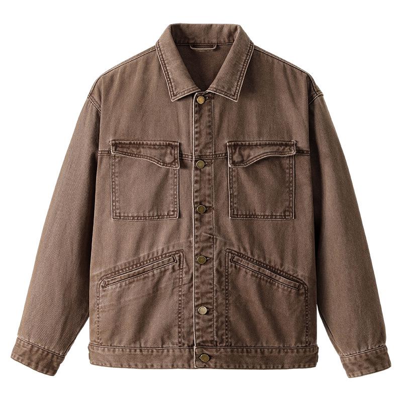 Xintang Men's Retro Washed Multi-Pocket Workwear Jacket with Turn-Down Collar