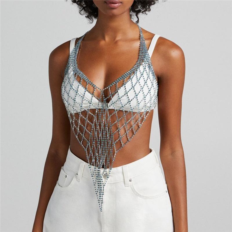Xqwewanticedd Women's Blue Sexy Long Fringed Body Chain Bra Rhinestone Fashion Exquisite Bikini Breast Chain Top Nightclub Clothing